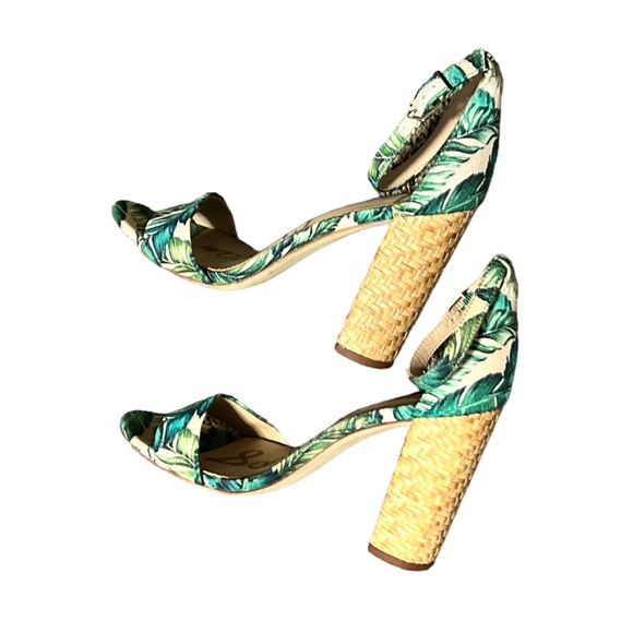 SAM EDELMAN Women's Cream & Green Leaf Print Tropical Open Toe Block Heel-Sz 8.5 - Picture 13 of 14